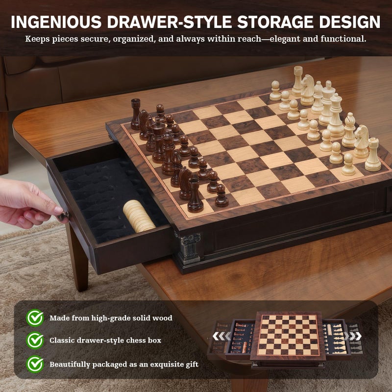 Peradix Magnetic Chess Set with 2 Built-in Storage Drawers, 15'' Wooden Strategy Board Games, 2 Extra Queens, Luxury Magnet Chess Game for Adults, Kids and Family Game Night, Gift Package - Image 3