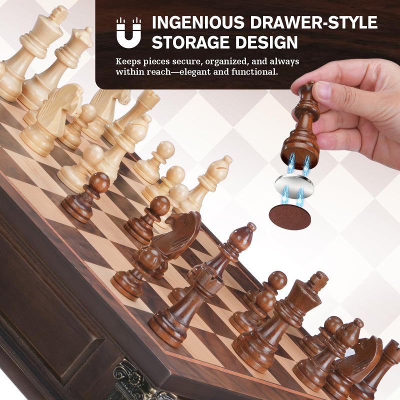 Peradix Magnetic Chess Set with 2 Built-in Storage Drawers, 15'' Wooden Strategy Board Games, 2 Extra Queens, Luxury Magnet Chess Game for Adults, Kids and Family Game Night, Gift Package - Image 4