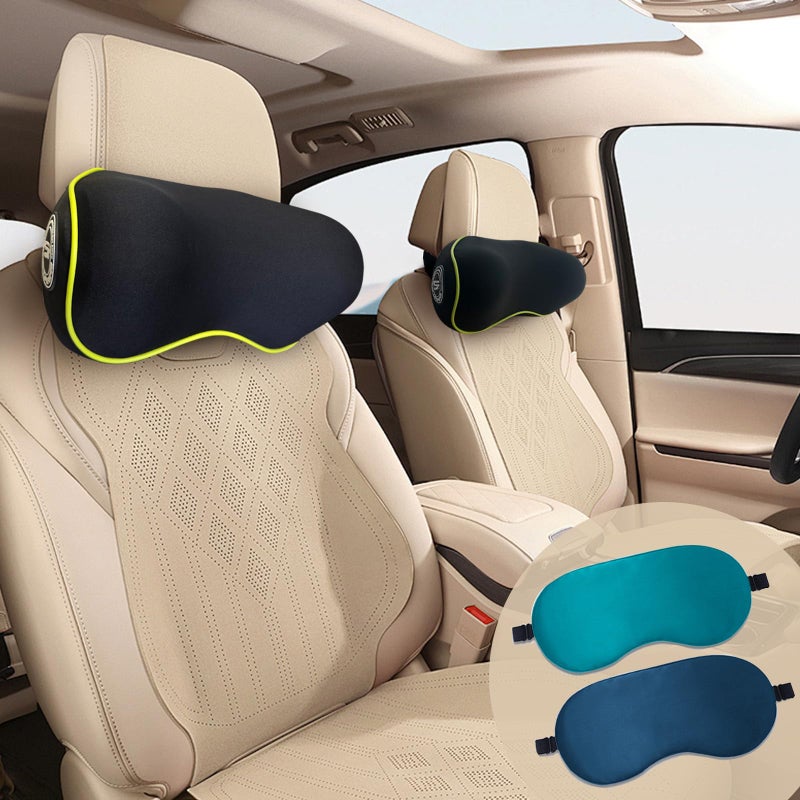 SPRFUFLY Really Chic Car Headrest Pillow, Car Pillow for Driving with Adjustable Strap, 100% Memory Foam Neck Pillow, Ergonomic Design - 2 Pack Car Neck Pillow(Includes 2 Eye Masks, Yellow Side Rope) - Image 1