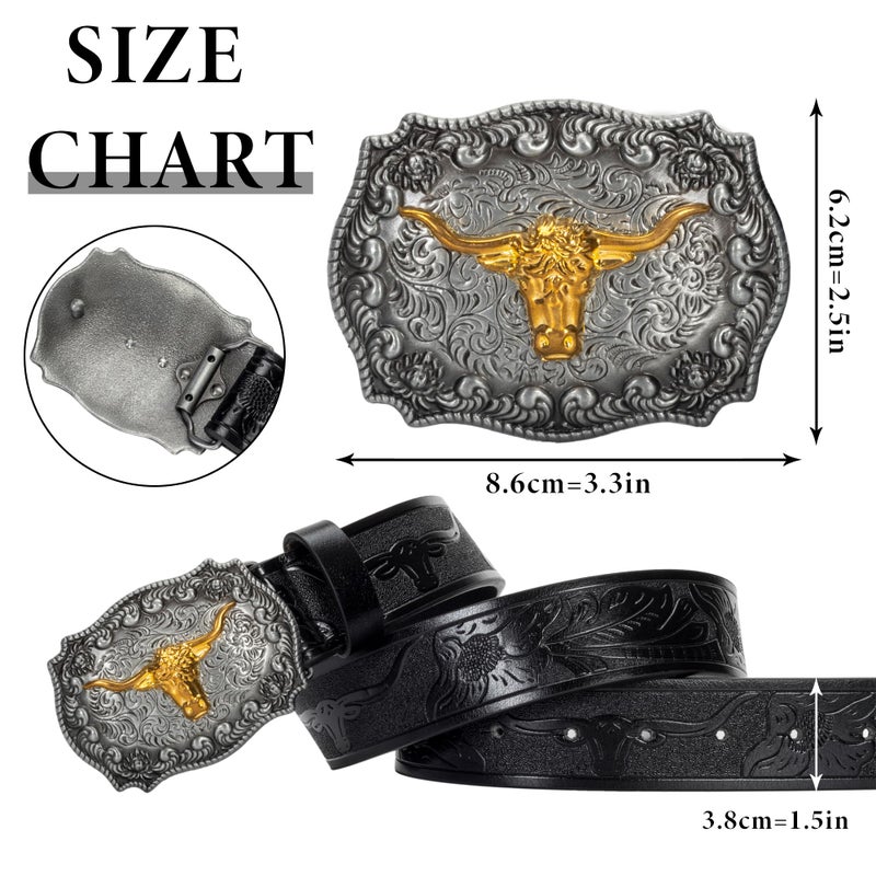 Vikodah Men Women-Western-Cowboy-Leather-Belts - Longhorn Bull Pattern Buckle Belt Floral Engraved Buckle Belt for Jeans - Image 4