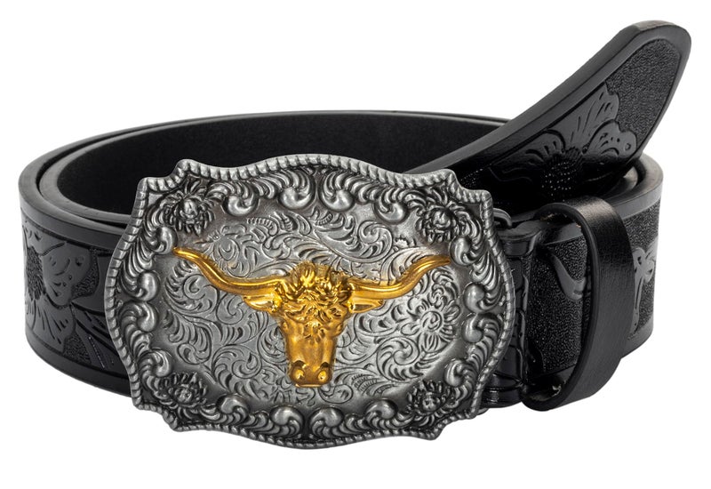 Vikodah Men Women-Western-Cowboy-Leather-Belts - Longhorn Bull Pattern Buckle Belt Floral Engraved Buckle Belt for Jeans - Image 2