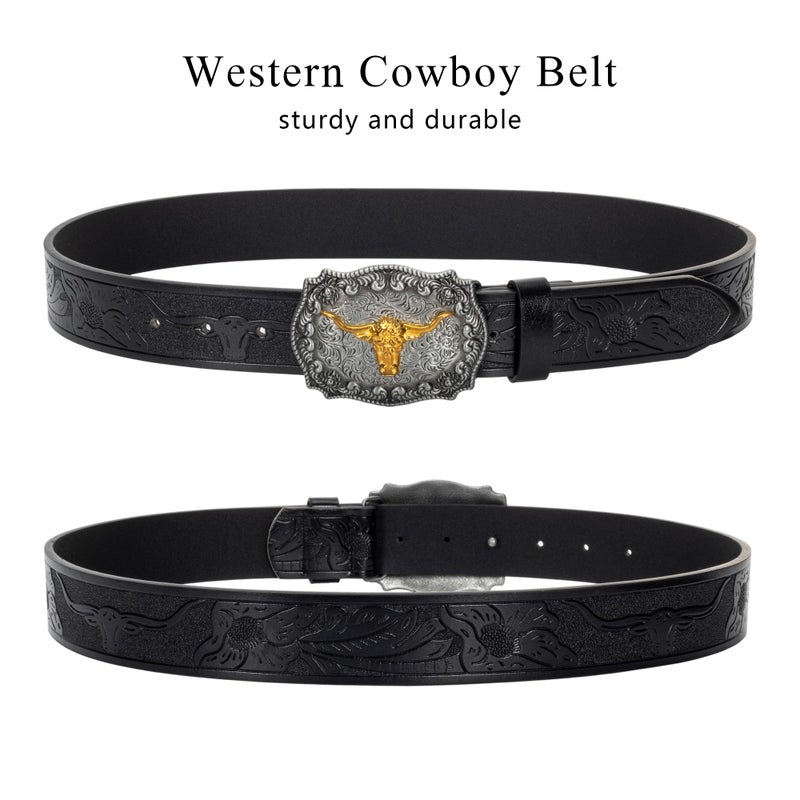 Vikodah Men Women-Western-Cowboy-Leather-Belts - Longhorn Bull Pattern Buckle Belt Floral Engraved Buckle Belt for Jeans - Image 5