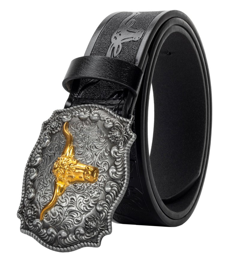 Vikodah Men Women-Western-Cowboy-Leather-Belts - Longhorn Bull Pattern Buckle Belt Floral Engraved Buckle Belt for Jeans - Image 1