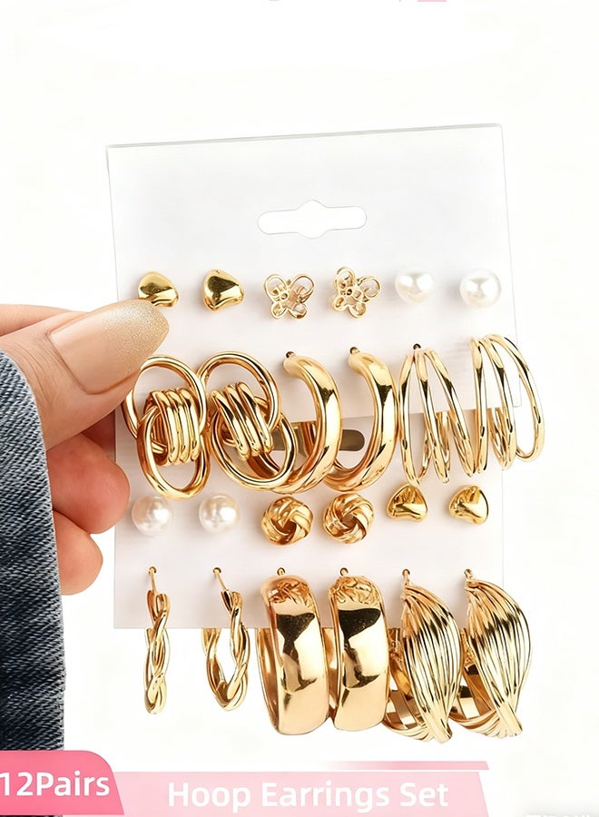 Happy D 12Pairs Gold Statement Hoop Earrings Set, Chunky Pearl and Twisted Huggie Hoops, Retro Circle Stud Multipack Jewelry, Hypoallergenic for Women Birthday and Daily Wear(Gold) - Image 2