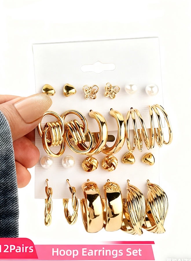 Happy D 12Pairs Gold Statement Hoop Earrings Set, Chunky Pearl and Twisted Huggie Hoops, Retro Circle Stud Multipack Jewelry, Hypoallergenic for Women Birthday and Daily Wear(Gold) - Image 1