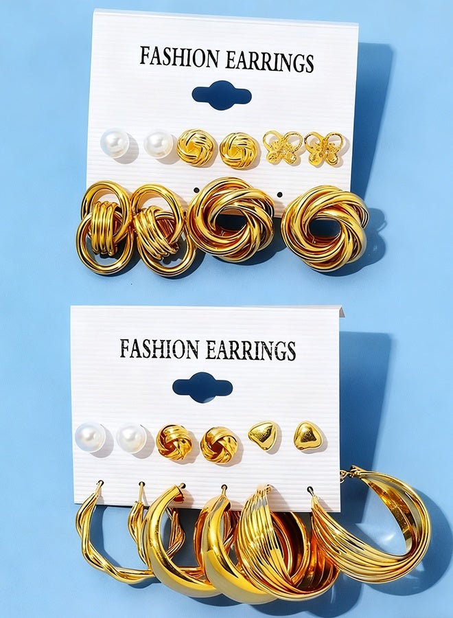 Happy D 12Pairs Gold Statement Hoop Earrings Set, Chunky Pearl and Twisted Huggie Hoops, Retro Circle Stud Multipack Jewelry, Hypoallergenic for Women Birthday and Daily Wear(Gold) - Image 3