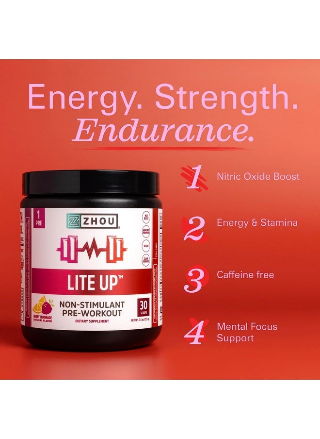 جو Zhou Nutrition Lite Up، مسحوق ما قبل التمرين غير المنشط، معزز أكسيد النيتريك الخالي من الكافيين، بدون إضافة سكر، نباتي، خالٍ من الجلوتين، غير معدّل وراثيًا، عصير ليمون بالتوت، 7.5 أونصة  - Image 3