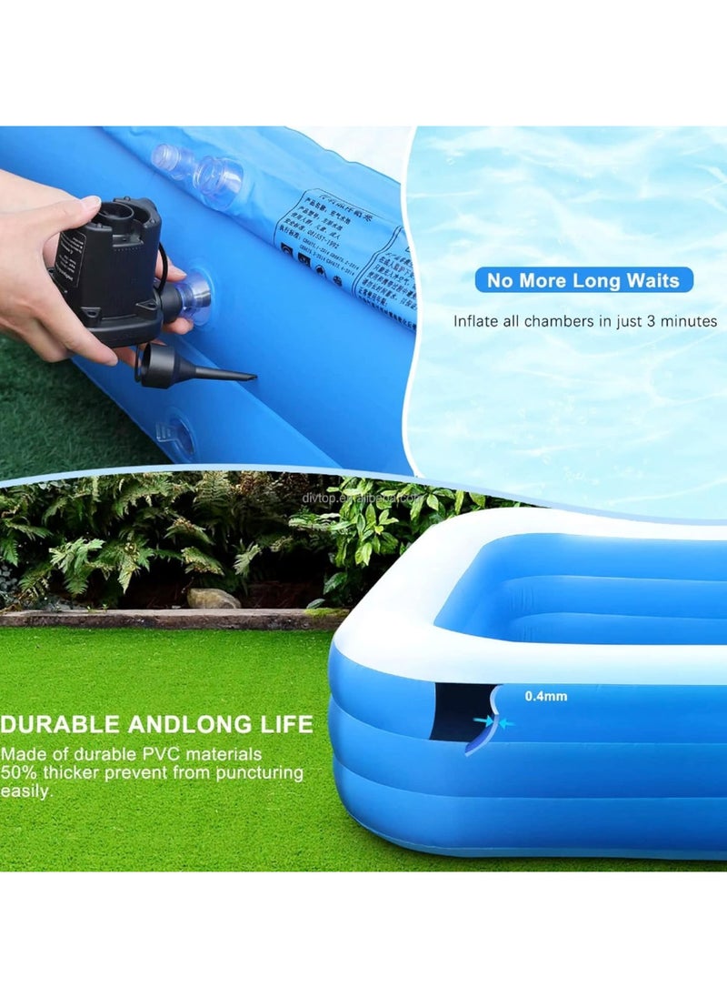 Inflatable Swimming Pool, Kiddie Pool with Electric Air Pump, Large Size Blow Up Swimming Pool, Giant Rectangle Lounge Blow Up Pool for Indoor Outdoor Backyard Ground