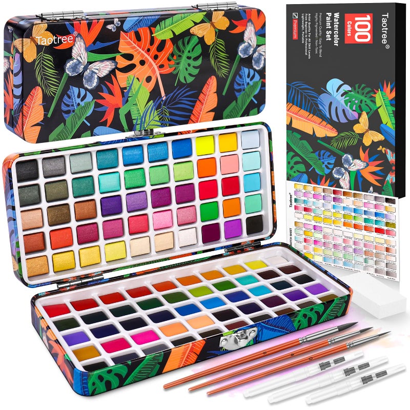 Taotree Watercolor Paint Set 100 Colors Art Supplies Watercolors Kit Travel Water Colors with 3 Paints Brushes Crafts Painting Supplies Drawing Christmas Gifts for Adults Artist Drawing Painting