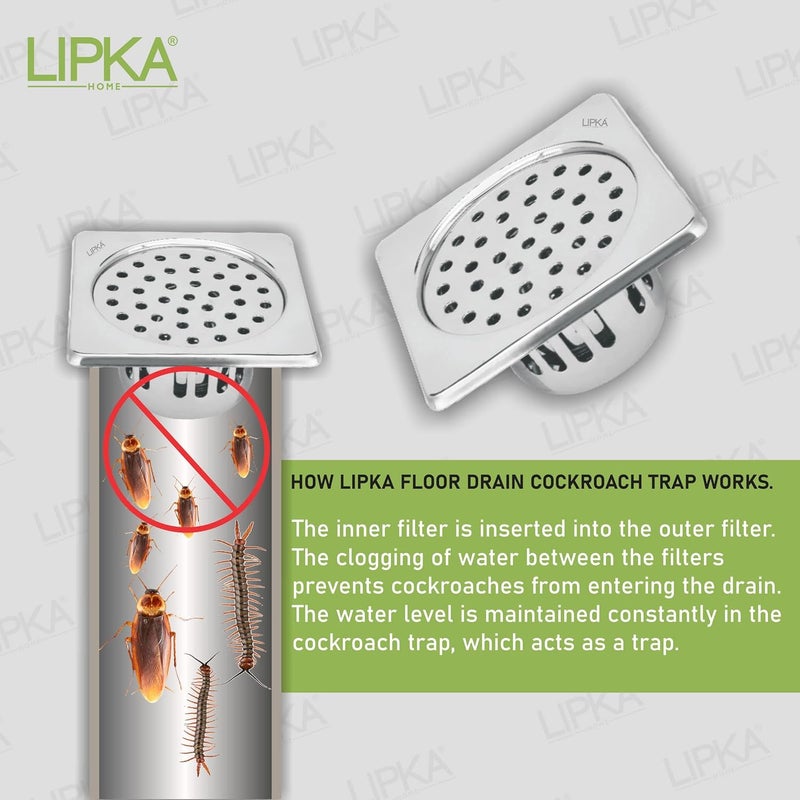 Lipka LIPKA Square Floor Drain with Cockroach Trap 6 x 6 Inches Floor Drainer 304Grade Stainless Steel Floor Trap Glossy Finish Drain Jali - Image 3