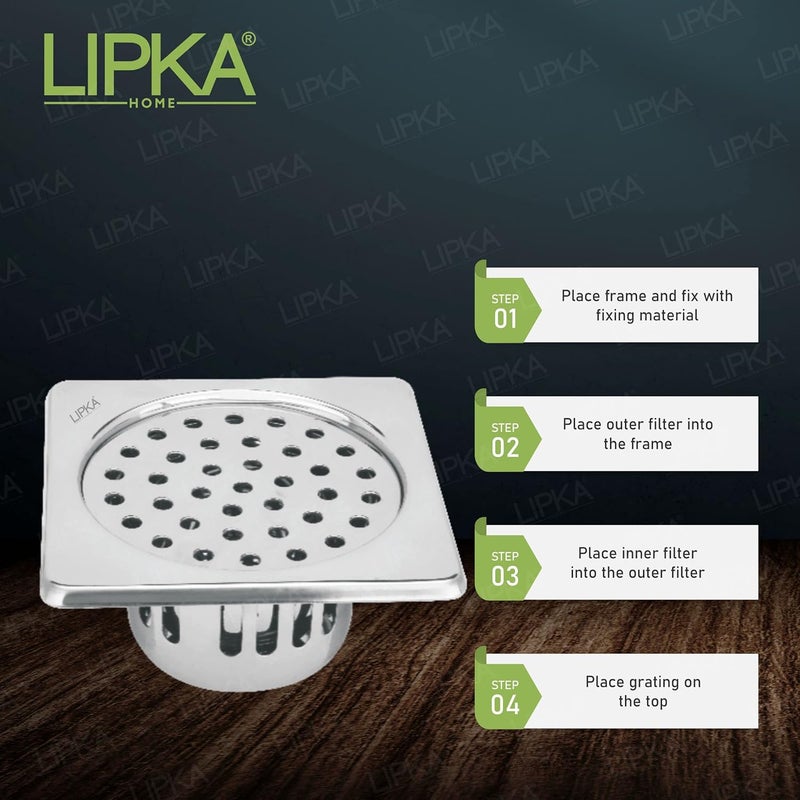 Lipka LIPKA Square Floor Drain with Cockroach Trap 6 x 6 Inches Floor Drainer 304Grade Stainless Steel Floor Trap Glossy Finish Drain Jali - Image 5