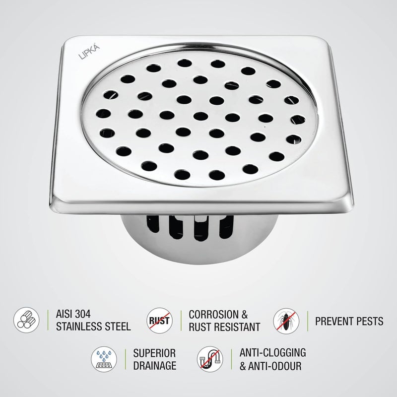 Lipka LIPKA Square Floor Drain with Cockroach Trap 6 x 6 Inches Floor Drainer 304Grade Stainless Steel Floor Trap Glossy Finish Drain Jali - Image 4