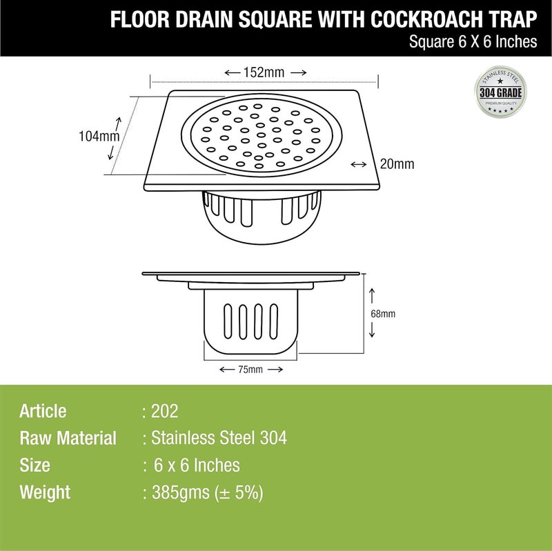 Lipka LIPKA Square Floor Drain with Cockroach Trap 6 x 6 Inches Floor Drainer 304Grade Stainless Steel Floor Trap Glossy Finish Drain Jali - Image 2