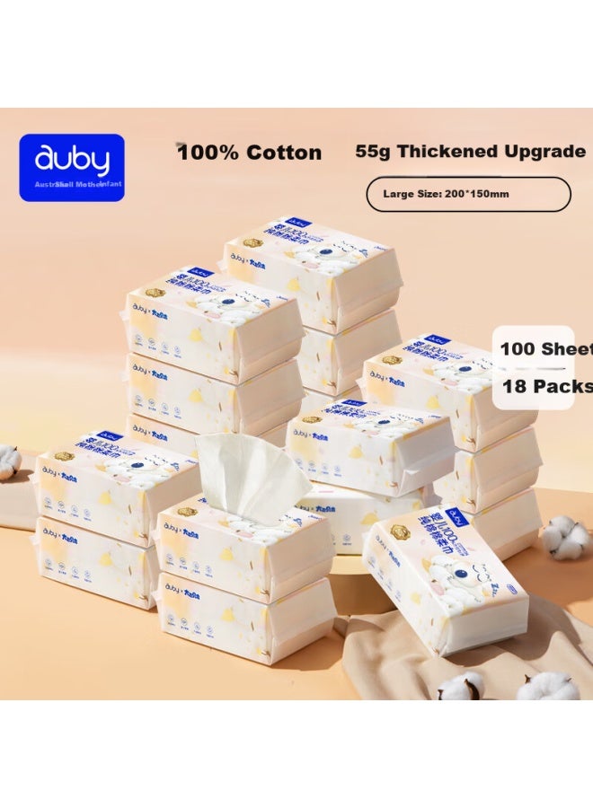Auby Cotton Soft Wipes For Babies, 100% Pure Cotton, Newborn-specific, All-cotton Face Wipes, Disposable, For Both Dry And Wet Use, 100 Sheets * 18 Packs - Image 1