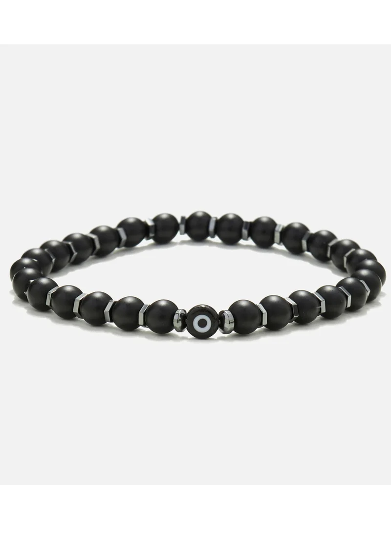 كريسوستوموس Handmade Beaded Onyx & Hematite Bracelet with Black Glass Evil Eye, Silicone Elastic