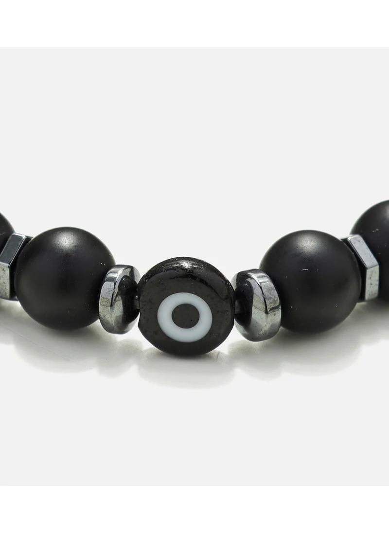 CHRYSOSTOMOS Handmade Beaded Onyx & Hematite Bracelet with Black Glass Evil Eye, Silicone Elastic