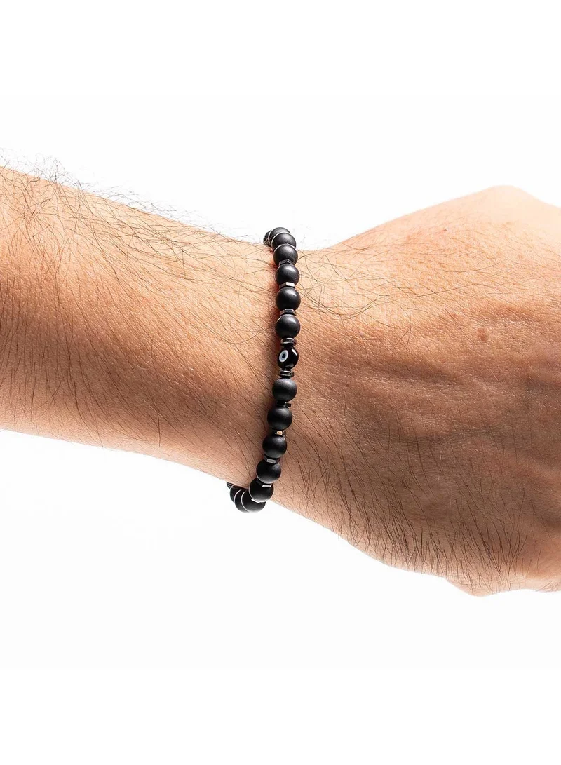 CHRYSOSTOMOS Handmade Beaded Onyx and Hematite Bracelet with Black Glass Evil Eye, Silicone Elastic