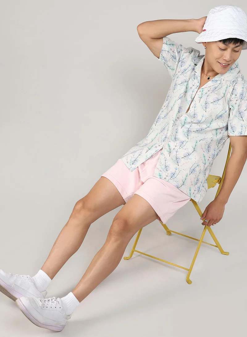 Campus Sutra Men's Ivory White & Icy Blue Flora Tint Shirt
