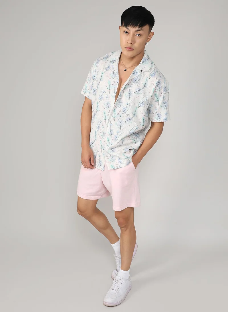 Campus Sutra Men's Ivory White & Icy Blue Flora Tint Shirt