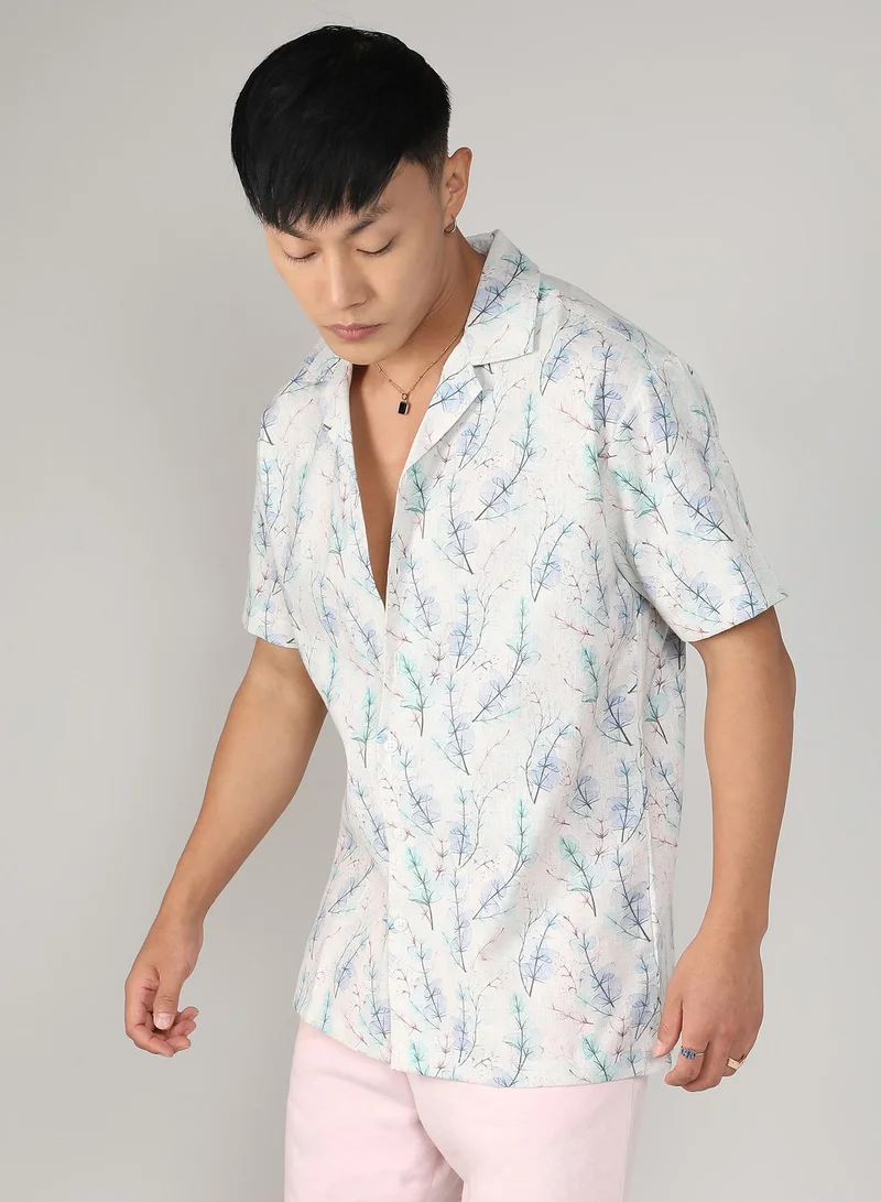 Campus Sutra Men's Ivory White & Icy Blue Flora Tint Shirt