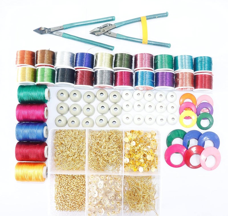 Multi Color zari Thread 20pcs,Silk Threads ,jhumka Cup,chandbali Base,Cutter,plier,Jewellery Making Materials 500 pcs ( Complete Earring Making kit,Money Value Combo ) 