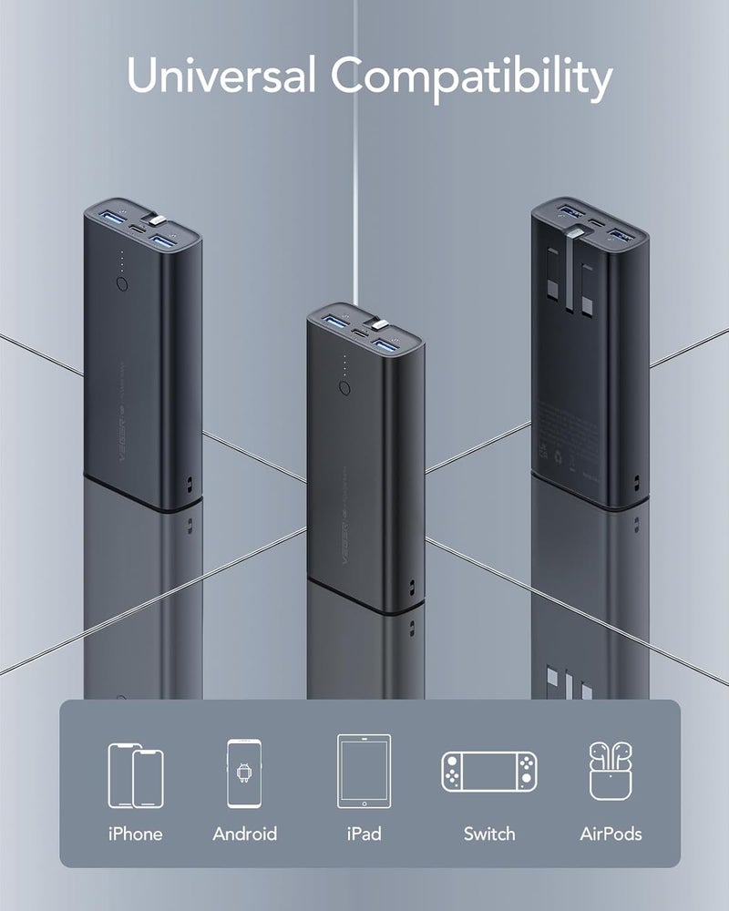 VEGER PD22.5W Fast Charging Portable Power Bank 10000mAh Built-in Cable & Foldable AC Wall adapter, with USB-C & 2 USB A Output ports,Type C Input port,Portable Charger for iPhone/Samsung etc - Image 3