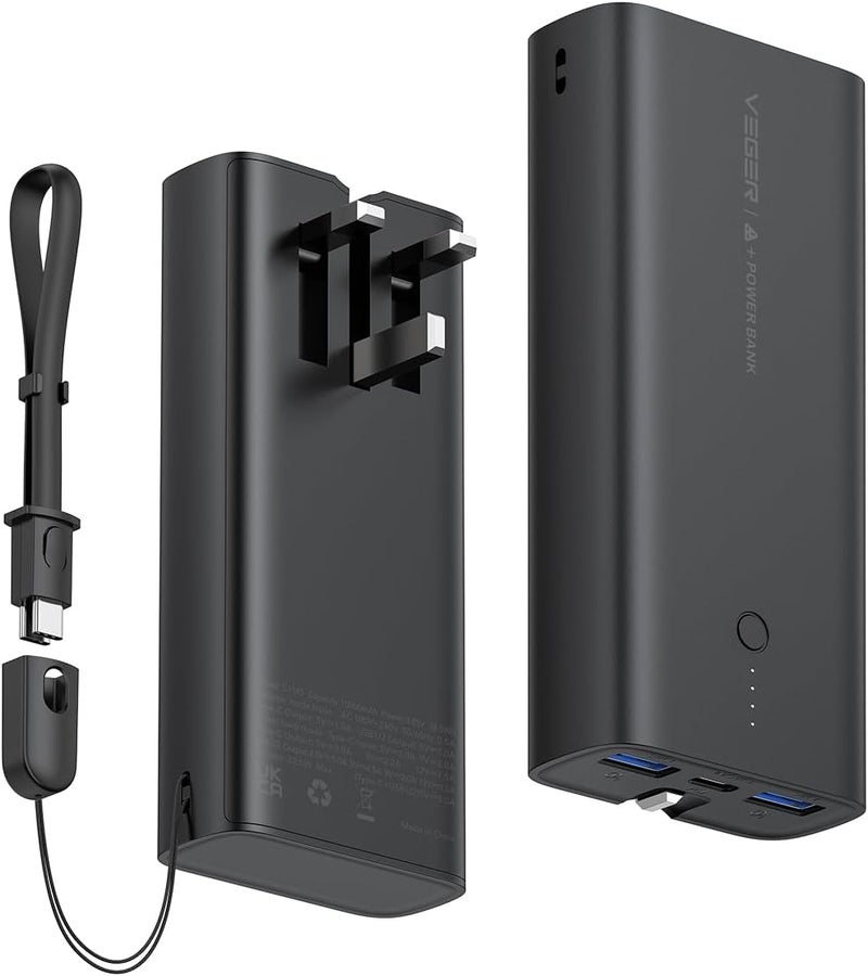 VEGER PD22.5W Fast Charging Portable Power Bank 10000mAh Built-in Cable & Foldable AC Wall adapter, with USB-C & 2 USB A Output ports,Type C Input port,Portable Charger for iPhone/Samsung etc - Image 1