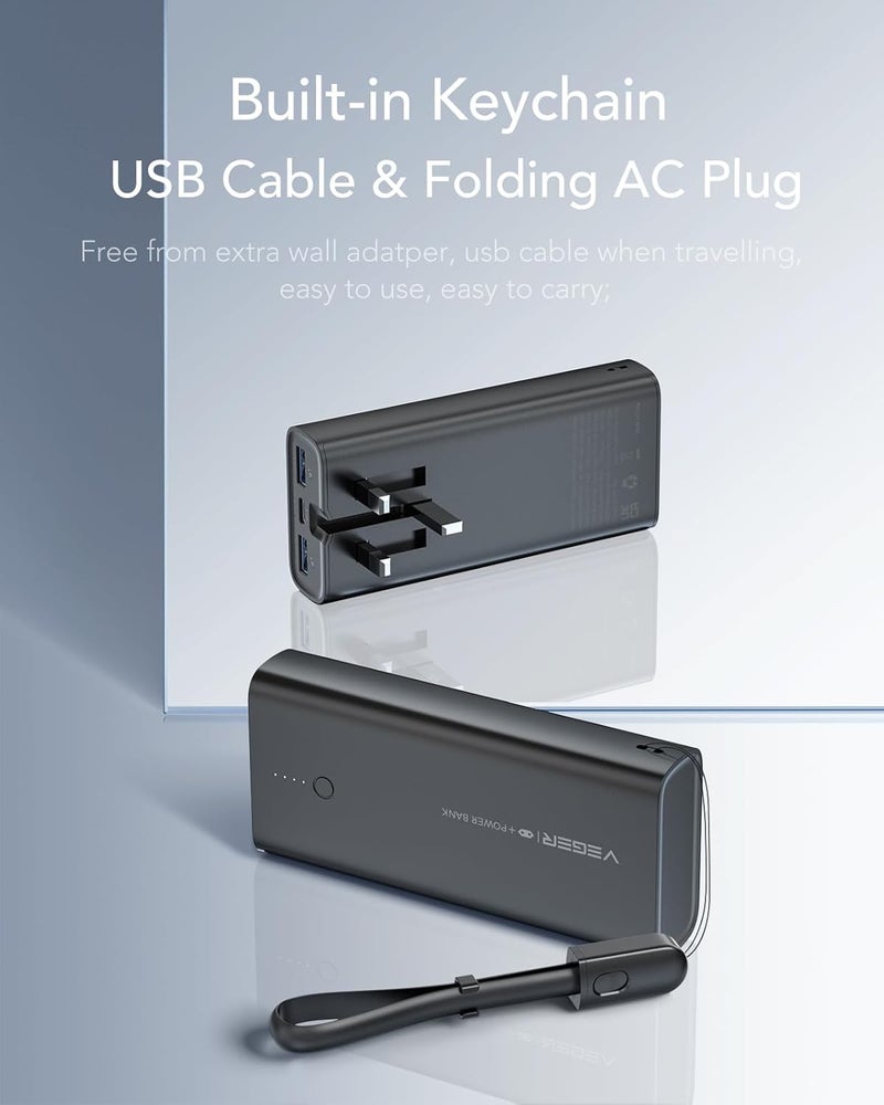 VEGER PD22.5W Fast Charging Portable Power Bank 10000mAh Built-in Cable & Foldable AC Wall adapter, with USB-C & 2 USB A Output ports,Type C Input port,Portable Charger for iPhone/Samsung etc - Image 2
