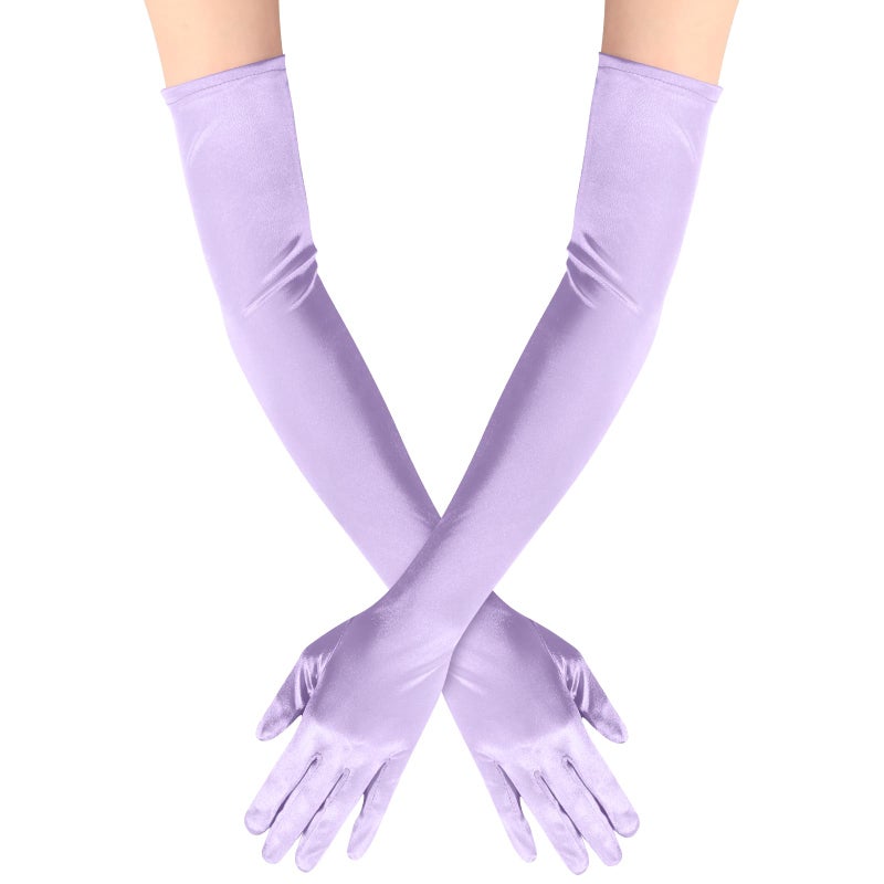 Lansian Long Opera Party Gloves for Women 1920s 20s Satin Gloves Costumes Elbow Length Bridal Evening Dress, 22 inches (Light Purple) - Image 1