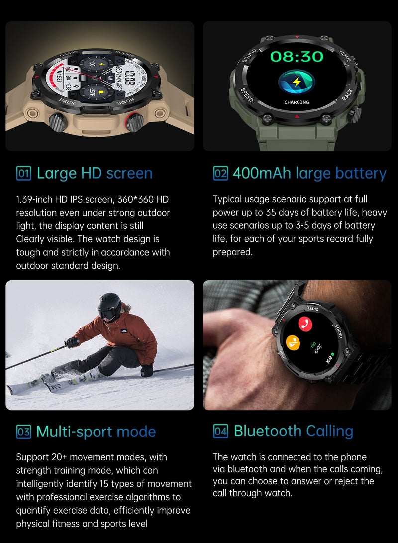 RollsTimi  Men's Military Smart Watch, I is Rugged and Durable, Supports Bluetooth Calls, 1.39-Inch Fitness Watch Tracker, i96 Black. - Image 5