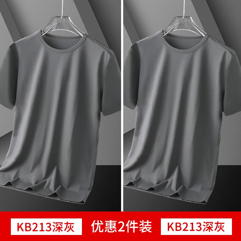 Ice Silk Solid Color T-Shirt Short-Sleeved Men'S New Fashionable Loose T-Shirt Summer Slim-Fit All-Match Handsome Youth Top - Image 1