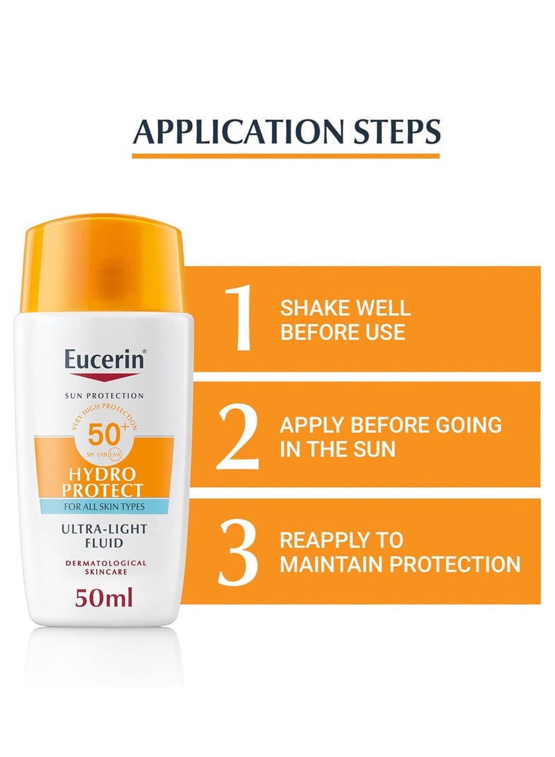 Eucerin Sunscreen Hydro Protect Face Ultra Light Fluid, High UVA/UVB Protection, SPF 50+, Suitable for Daily Use, Non sticky, Non Greasy, Suitable for All Skin Types, 50ml - Image 3