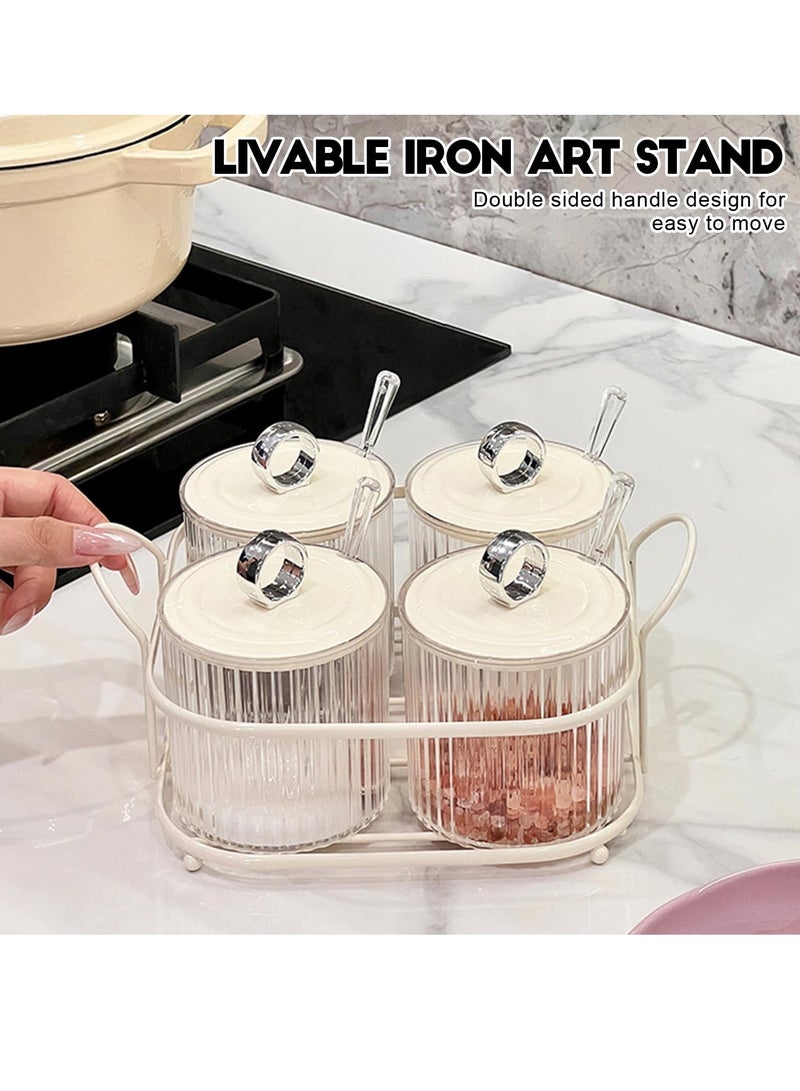 SYOSI صندوق توابل 4 قطع جرة توابل أكريليك شفاف وعاء توابل مع ملاعق أغطية وصينية حديدية حاوية ملح وعاء سكر عبوات شفافة للمطبخ والمنزل ملح فلفل حار سكر - Image 3