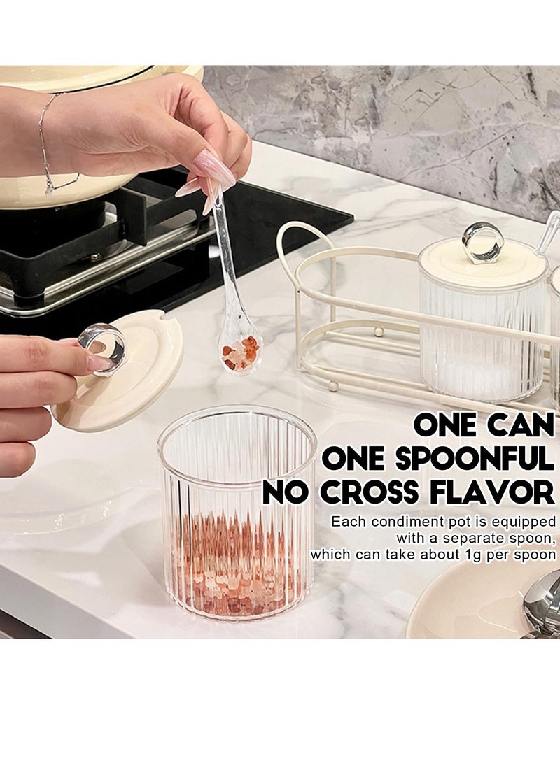 SYOSI صندوق توابل 4 قطع جرة توابل أكريليك شفاف وعاء توابل مع ملاعق أغطية وصينية حديدية حاوية ملح وعاء سكر عبوات شفافة للمطبخ والمنزل ملح فلفل حار سكر - Image 5
