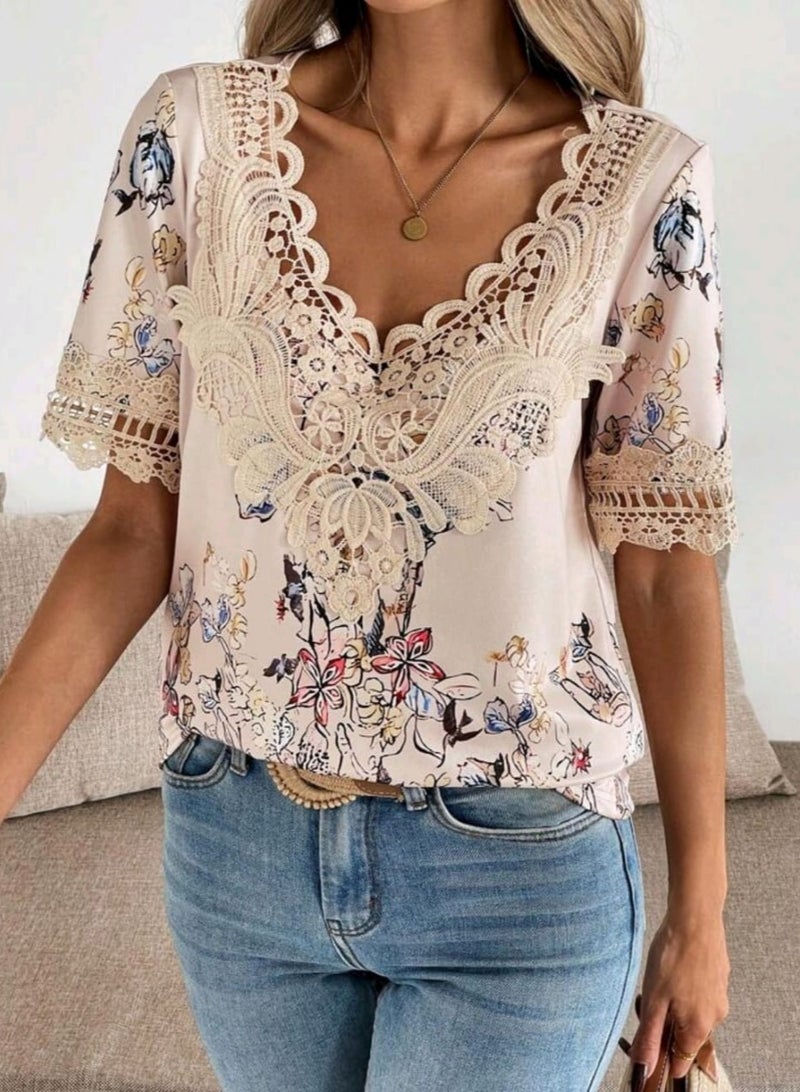 Shein SHEIN LUNE Fitted H-Shaped Floral Print Collar Short Sleeve Blouse  - Image 3