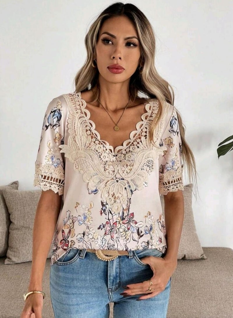 Shein SHEIN LUNE Fitted H-Shaped Floral Print Collar Short Sleeve Blouse  - Image 2