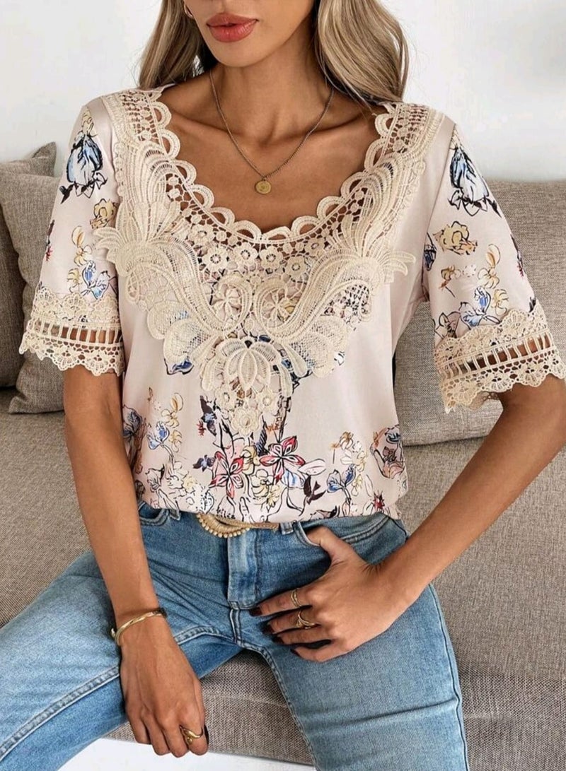 Shein SHEIN LUNE Fitted H-Shaped Floral Print Collar Short Sleeve Blouse  - Image 4