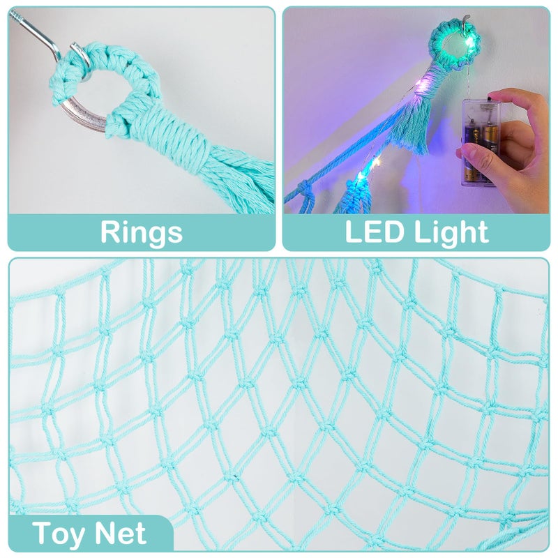 Basumee Stuffed Animals Net or Hammock with LED Light, Hanging Stuffed Animals Storage Toy Hammock Net Corner Wall Girls Room Decor Toy Storage Organizer, Light Aqua Green, L - Image 4