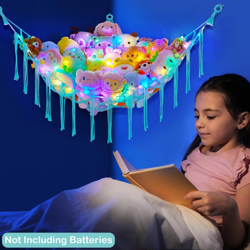 Basumee Stuffed Animals Net or Hammock with LED Light, Hanging Stuffed Animals Storage Toy Hammock Net Corner Wall Girls Room Decor Toy Storage Organizer, Light Aqua Green, L - Image 2