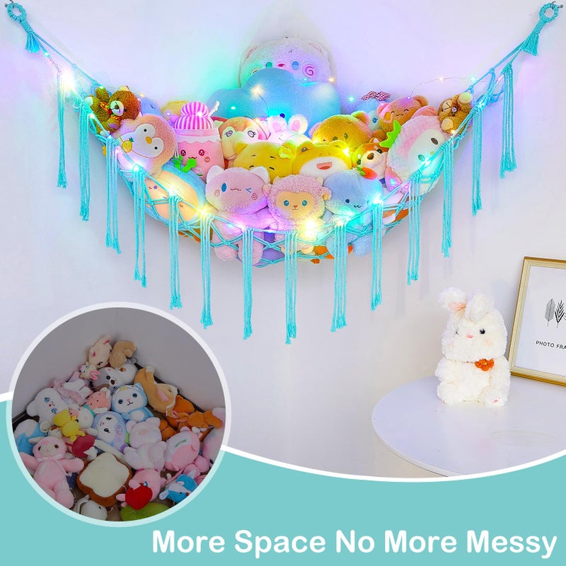 Basumee Stuffed Animals Net or Hammock with LED Light, Hanging Stuffed Animals Storage Toy Hammock Net Corner Wall Girls Room Decor Toy Storage Organizer, Light Aqua Green, L - Image 3