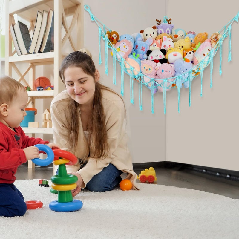 Basumee Stuffed Animals Net or Hammock with LED Light, Hanging Stuffed Animals Storage Toy Hammock Net Corner Wall Girls Room Decor Toy Storage Organizer, Light Aqua Green, L - Image 5