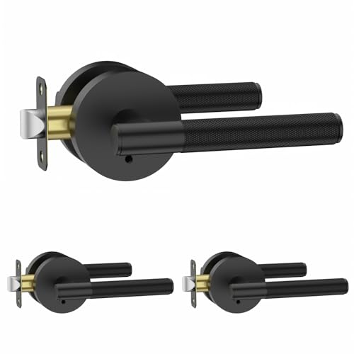 Amerdeco 3 Pack Matte Black Door Handles Interior, Knurled Privacy Door Handles with Lock,Heavy Duty Black Door Lever for Bedroom or Bathroom,Reversible Keyless for Left Right Handed Doors - Image 1