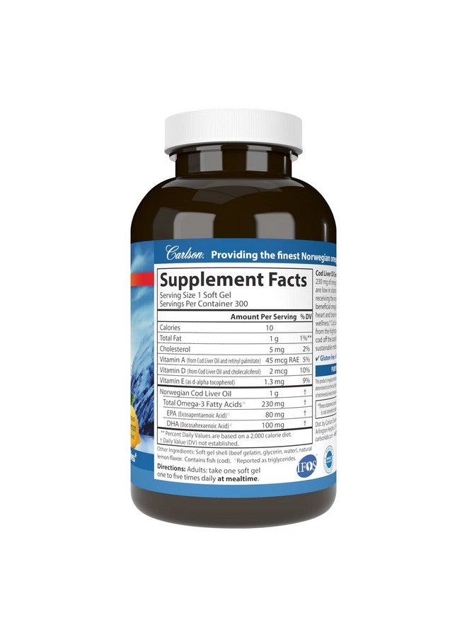 Carlson - Cod Liver Oil Gems, Low Vitamin A, 230 mg Omega-3s, Norwegian, Wild Caught, Sustainably Sourced, 300 Softgels - Image 2