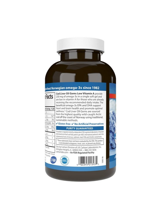 Carlson - Cod Liver Oil Gems, Low Vitamin A, 230 mg Omega-3s, Norwegian, Wild Caught, Sustainably Sourced, 300 Softgels - Image 3