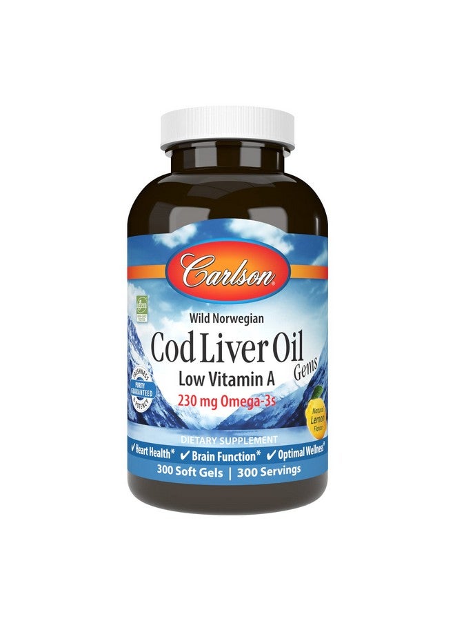 Carlson - Cod Liver Oil Gems, Low Vitamin A, 230 mg Omega-3s, Norwegian, Wild Caught, Sustainably Sourced, 300 Softgels - Image 1