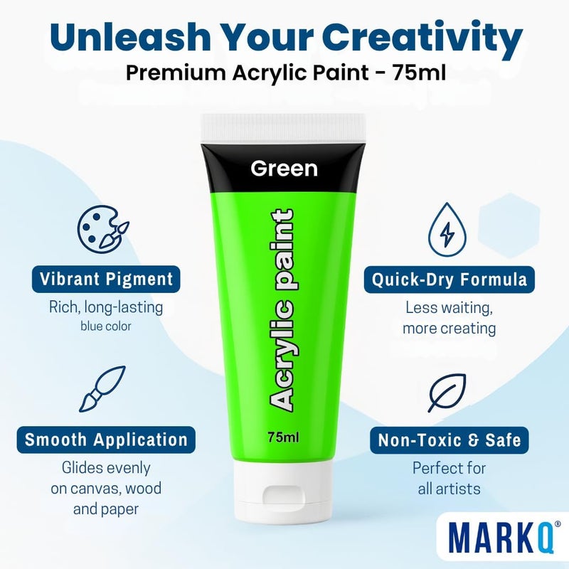 MARKQ طلاء أكريليك 75 مل أنبوب – ألوان فنية غنية وعالية الصبغة وغير سامة | 10 ألوان نابضة للحياة للحرف اليدوية، القماش، الورق، الخشب، القماش، ومشاريع الفن (أخضر) - Image 1
