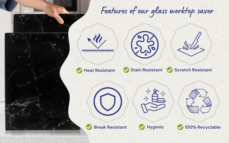 Kitchenville Glass Cutting Board 16"x12": Tempered Glass Kitchen Counter Protector - Durable- Scratch-Resistant, Heat-Proof - Design 1 - Black Marble Effect - Image 2