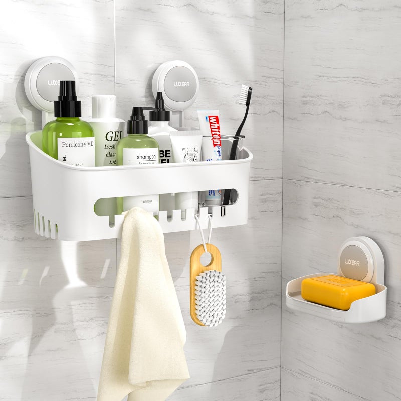 LUXEAR Shower Caddy Suction Cup 2 Pack Suction Shower Basket Soap Dish Holder NODrilling Removable One Second Installation Shower Organizer Powerful Waterproof Bathroom Caddy Storage - Image 2