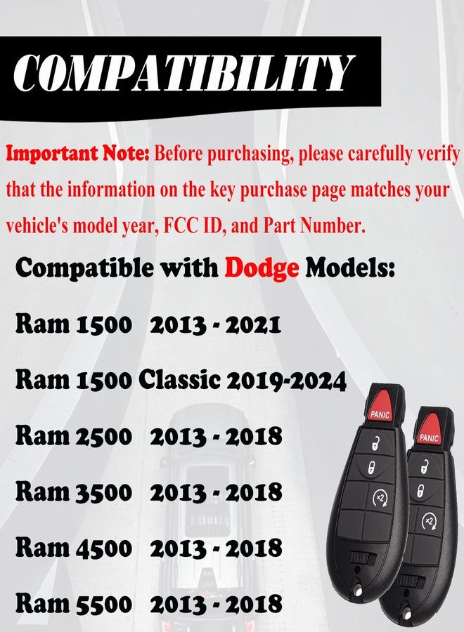 MechanMagic مفتاح بديل مناسب لسيارات دودج رام 1500 موديلات 2013-2021، و2500، و3500، و4500، و5500، وشاحنات البيك أب من 2013 إلى 2018، مع نظام دخول بدون مفتاح وتشغيل عن بعد، طراز GQ4-53T 4B، طقم من قطعتين. - Image 3