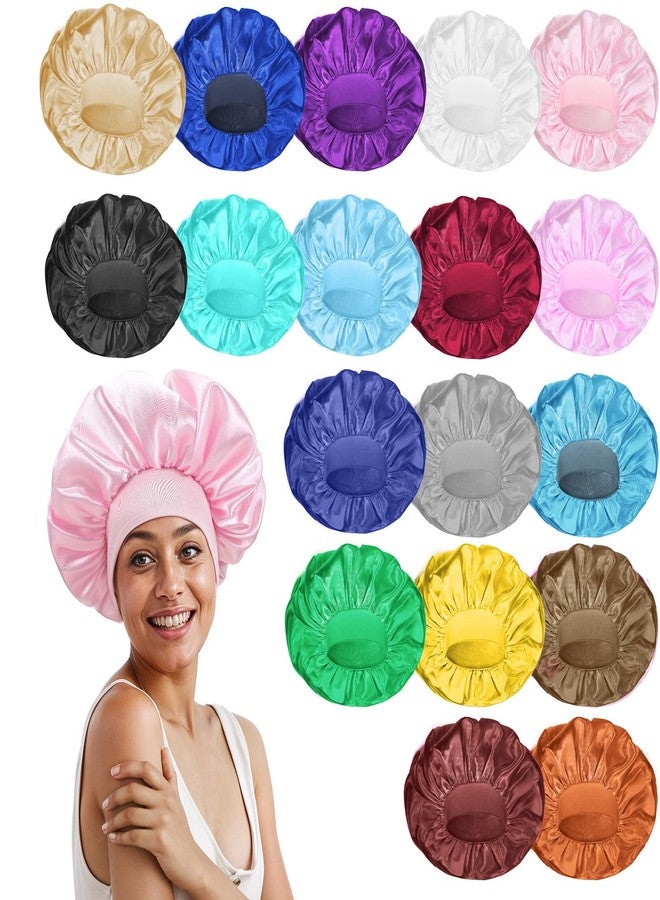 COMNICO Large Satin Bonnets for Sleeping, 18 Pcs Elastic Wide Band Hair Bonnets Soft Silky Sleep Cap Solid Color Hairs Wrap Reusable Shower Cap for Black Women Curly Hair Braids - Image 1